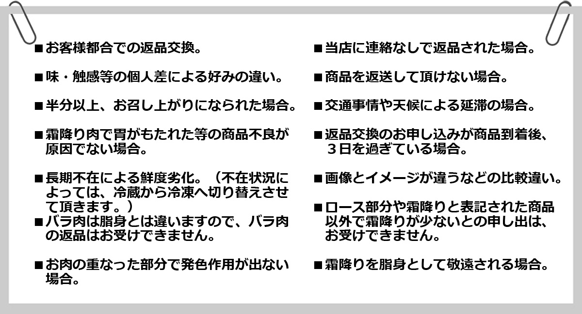 ・お客様都合での返品交換　・当店に連絡なしで返品された場合　・味・食感等の個人差による好みの違い　・商品を返送して頂けない場合　・半分以上、お召し上がりになられた場合　・交通事情や天候による遅滞の場合　・霜降り肉で胃がもたれた等の商品不良が原因で無い場合　・返品交換のお申し込みが商品到着後、3日を過ぎている場合　・長期不在による鮮度劣化　・画像とイメージが違うなどの比較違い　・バラ肉は脂身とは違いますのでバラ肉に対する返品はお受けできません　・ロース部位や霜降りと表記された商品以外で霜降りが少ないとの申し出はお受けできません　・お肉の重なった部分で発色作用が出ない場合　・霜降りを脂身として敬遠される場合